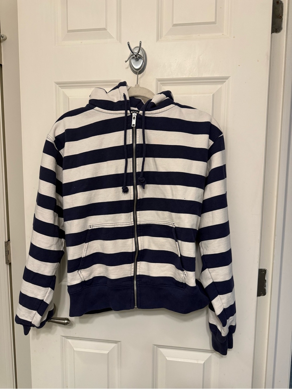 Brandy Melville Navy and White Striped Zip Hoodie